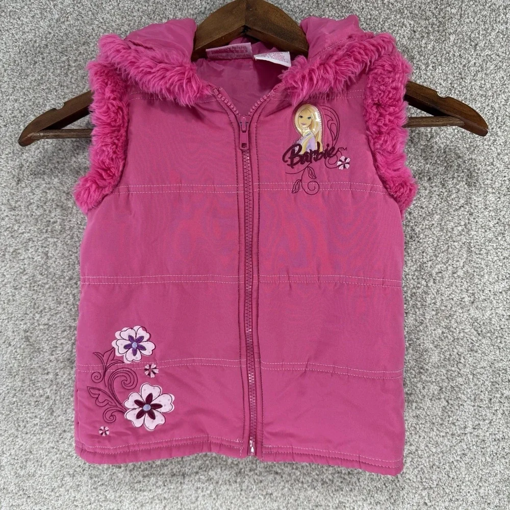 Y2K 2007 Barbie Puffer Vest Embroidered Logo Pink Faux Fur Lined Hood Sz 6 Girls